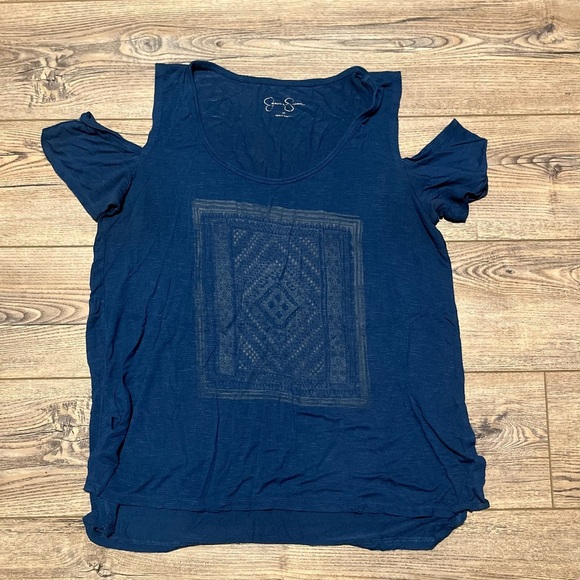 Oversized medium navy boho indie core chic cold shoulder top yoga workout - Picture 2 of 3